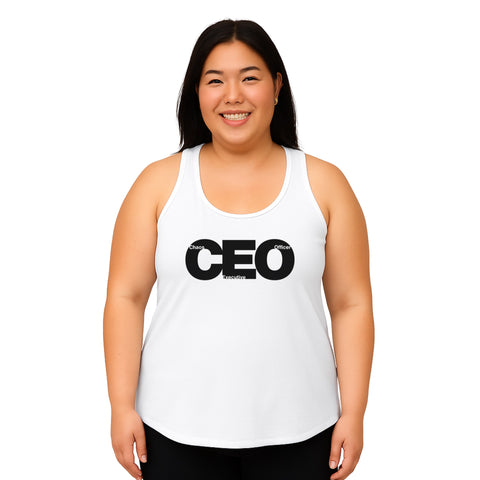 Black product with 'CEO Women‚Äö√Ñ√∂‚àö√ë‚àö¬•s Racerback Tank Top White' design — for soft rebellion and everyday emotional expression.