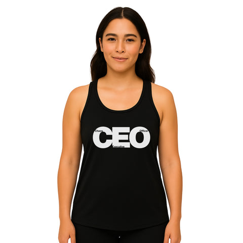 White product with 'CEO Women‚Äö√Ñ√∂‚àö√ë‚àö¬•s Racerback Tank Top Black' design — for soft rebellion and everyday emotional expression.