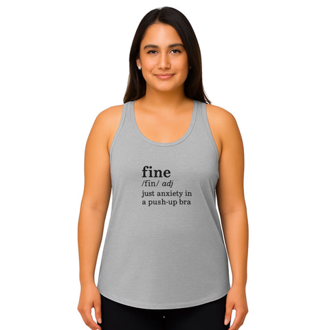 Black product with 'Define Fine Women‚Äö√Ñ√∂‚àö√ë‚àö¬•s Racerback Tank Top (Black Print)' design — for soft rebellion and everyday emotional expression.