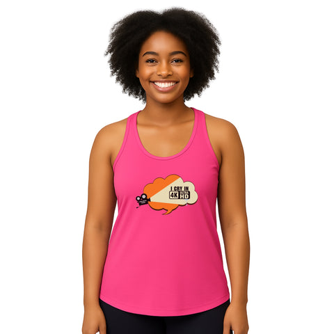 Pink product with 'I Cry In 4K Women‚Äö√Ñ√∂‚àö√ë‚àö¬•s Racerback Tank Top' design — for soft rebellion and everyday emotional expression.