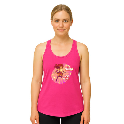 Pink product with 'I Sparkle, You Squint Super Femme Racerback Tank Top' design — Self care clothing.