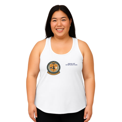 White product with 'School of Emotional Choreography Womens Racerback Tank Top' design — Self care clothing for those who pirouette through pain in posture and glitter.