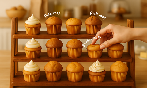Wooden cupcake stand with cupcakes and a hand choosing one, set against a blurred bakery background.