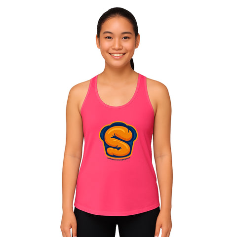 Pink product with 'Softness Is My Superpower Womens Racerback Tank Top' design — Self care clothing with core strength.