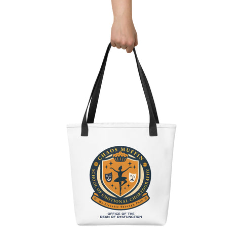 White tote bag with 'School of Emotional Choreography Tote Bag' design — Funny therapy gifts for emotional academics on the go.
