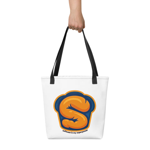 White tote bag with 'Softness Is My Superpower Tote Bag' design — Mental health accessory that carries weight.