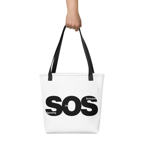 White tote bag with 'SOS Tote Bag' design — Emotional support bag for snack hoarders and spiral schedulers.