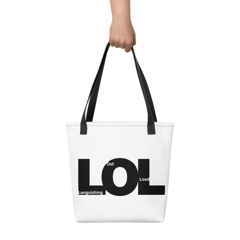White tote bag with 'LOL Tote Bag' design — Statement tote bags for carrying existential dread—with snacks.