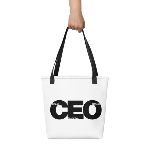 White tote bag with 'CEO Tote Bag' design — Funny therapy gifts for the one carrying spreadsheets, trauma snacks, and silent pressure.
