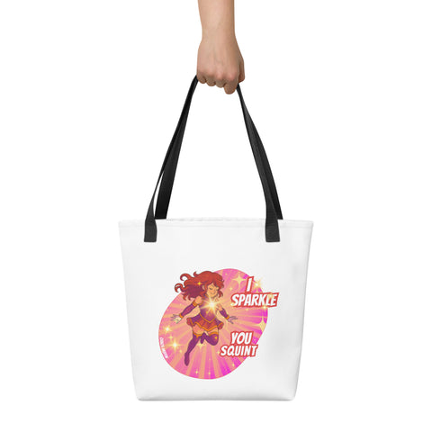 White tote bag with 'I Sparkle, You Squint Super Femme Tote Bag' design — Funny tote bags.