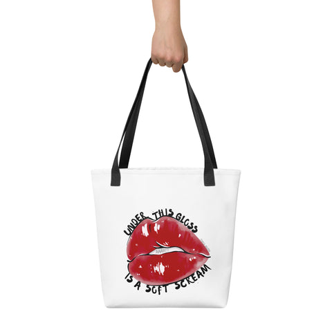 White tote bag with 'Under This Gloss Tote Bag' design — Funny therapy gifts with emotional range.