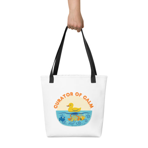 White tote bag with 'Curator of Calm Tote Bag' design — Funny therapy gifts that carry it all.