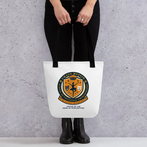 White tote bag with 'School of Emotional Choreography Tote Bag' design — Funny therapy gifts for emotional academics on the go.