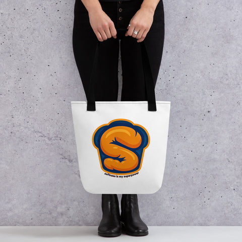 White tote bag with 'Softness Is My Superpower Tote Bag' design — Mental health accessory that carries weight.