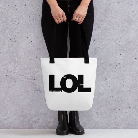 White tote bag with 'LOL Tote Bag' design — Statement tote bags for carrying existential dread—with snacks.