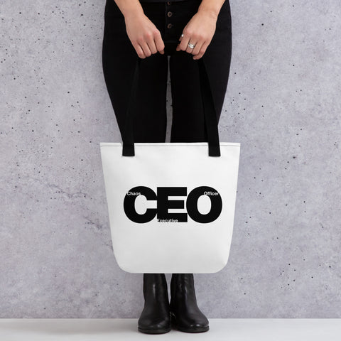 White tote bag with 'CEO Tote Bag' design — Funny therapy gifts for the one carrying spreadsheets, trauma snacks, and silent pressure.