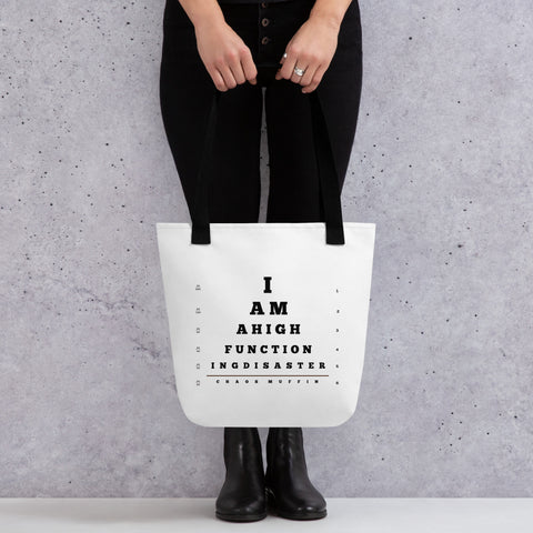 White product with 'High Functioning Disaster Tote bag' design — Funny therapy gifts for emotionally fluent travelers.