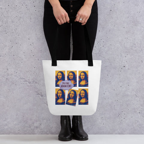 White tote bag with 'Im Fine-Adjacent Tote Bag' design — Funny therapy gifts for the emotionally seasoned.