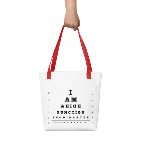White product with 'High Functioning Disaster Tote bag' design — Funny therapy gifts for emotionally fluent travelers.
