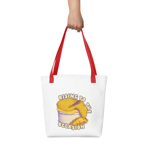 White tote bag with 'Rising To The Occasion Tote Bag' design — Emotional support bag for the beautifully unfinished.