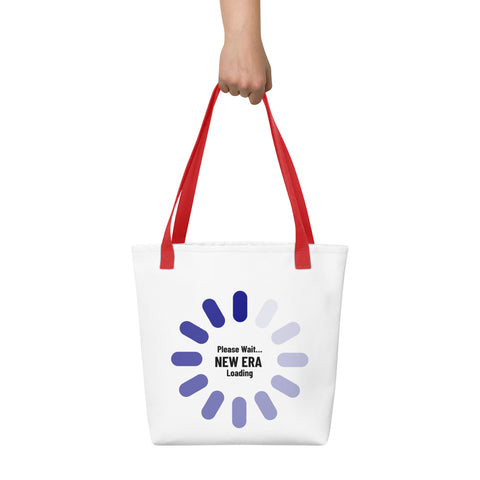 White tote bag with 'New Era Loading Tote Bag' design — Emotional support bag for soft reboots and errands with depth.