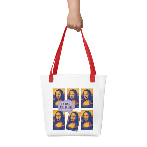 White tote bag with 'Im Fine-Adjacent Tote Bag' design — Funny therapy gifts for the emotionally seasoned.