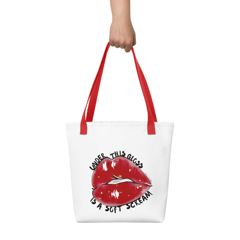 White tote bag with 'Under This Gloss Tote Bag' design — Funny therapy gifts with emotional range.