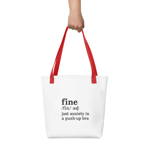 White tote bag with 'Define Fine Tote Bag' design — Funny therapy gifts for emotional carry-ons.