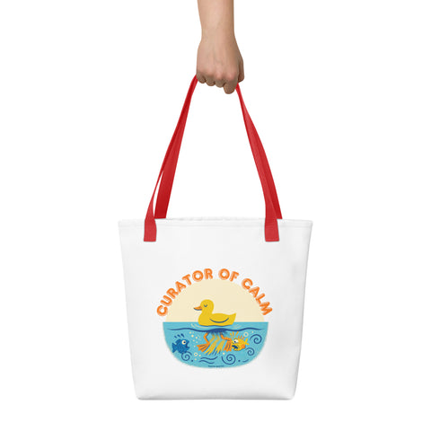 White tote bag with 'Curator of Calm Tote Bag' design — Funny therapy gifts that carry it all.