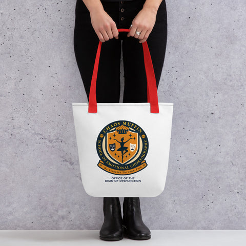 White tote bag with 'School of Emotional Choreography Tote Bag' design — Funny therapy gifts for emotional academics on the go.