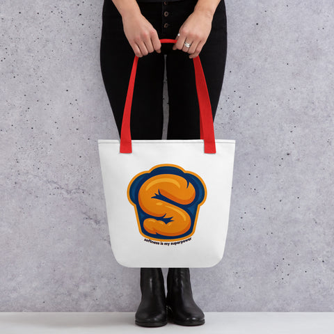White tote bag with 'Softness Is My Superpower Tote Bag' design — Mental health accessory that carries weight.