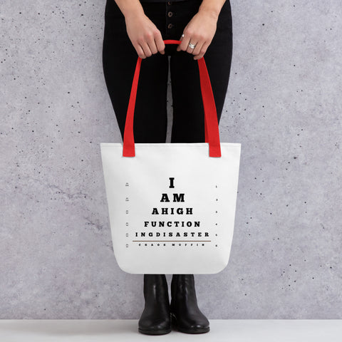 White product with 'High Functioning Disaster Tote bag' design — Funny therapy gifts for emotionally fluent travelers.