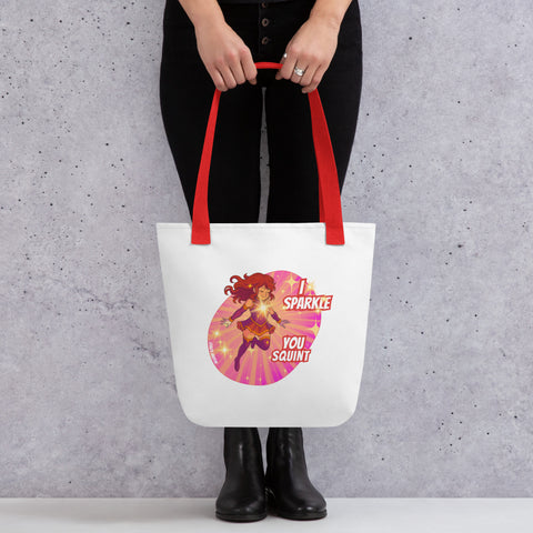 White tote bag with 'I Sparkle, You Squint Super Femme Tote Bag' design — Funny tote bags.
