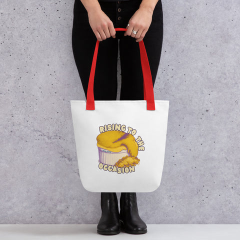 White tote bag with 'Rising To The Occasion Tote Bag' design — Emotional support bag for the beautifully unfinished.