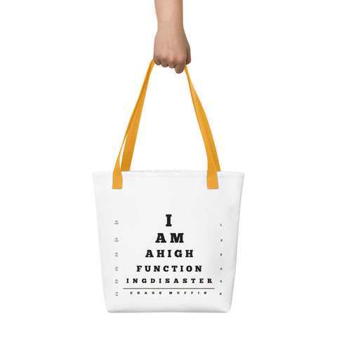 White product with 'High Functioning Disaster Tote bag' design — Funny therapy gifts for emotionally fluent travelers.