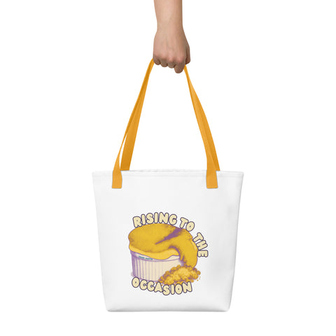White tote bag with 'Rising To The Occasion Tote Bag' design — Emotional support bag for the beautifully unfinished.