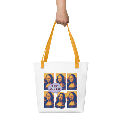 White tote bag with 'Im Fine-Adjacent Tote Bag' design — Funny therapy gifts for the emotionally seasoned.