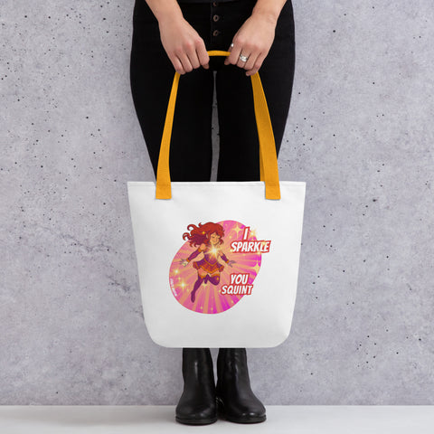 White tote bag with 'I Sparkle, You Squint Super Femme Tote Bag' design — Funny tote bags.