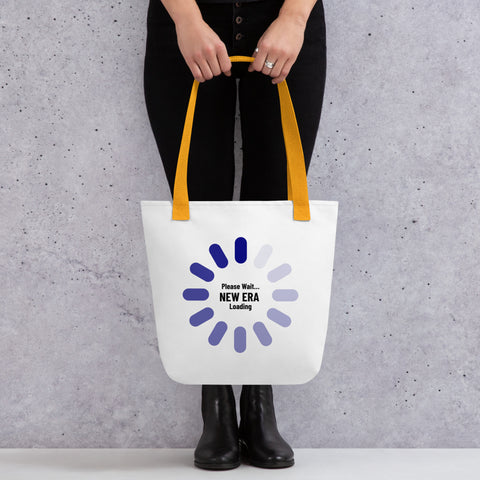 White tote bag with 'New Era Loading Tote Bag' design — Emotional support bag for soft reboots and errands with depth.
