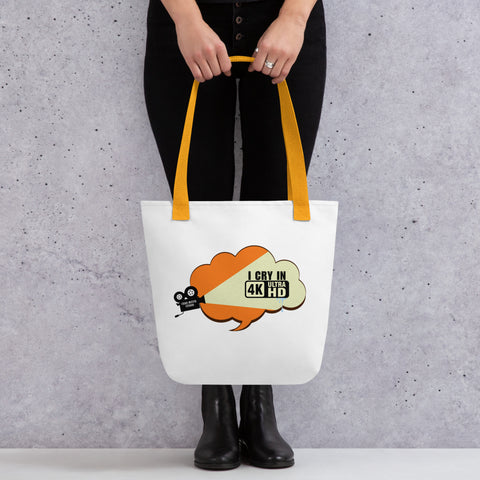 White tote bag with 'I Cry In 4K Tote Bag' design — Funny therapy gifts for meltdown queens.