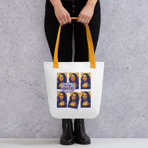 White tote bag with 'Im Fine-Adjacent Tote Bag' design — Funny therapy gifts for the emotionally seasoned.