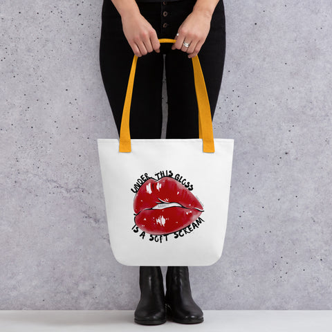 White tote bag with 'Under This Gloss Tote Bag' design — Funny therapy gifts with emotional range.