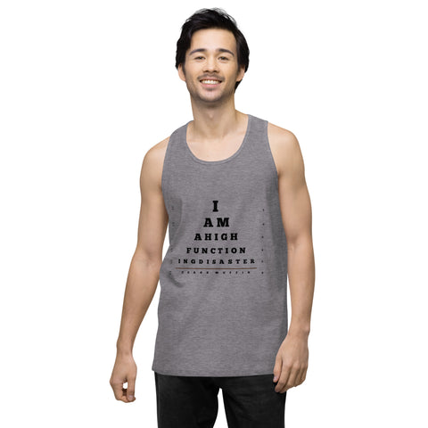 Athletic-Heather product with 'High Functioning Disaster Men‚Äö√Ñ√∂‚àö√ë‚àö¬•s Tank Top (Black Print)' design — for soft rebellion and everyday emotional expression.