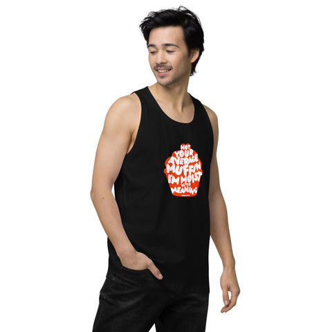 Black-Right product with 'Not Your Average Muffin Mens Tank Top' design — Burnout clothing for the emotionally complex himbo era.