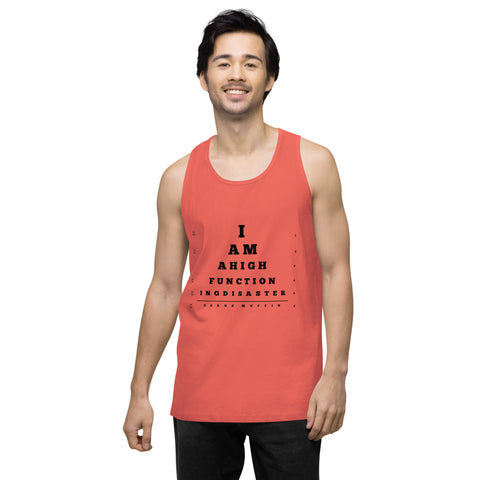 Coral product with 'High Functioning Disaster Men‚Äö√Ñ√∂‚àö√ë‚àö¬•s Tank Top (Black Print)' design — for soft rebellion and everyday emotional expression.