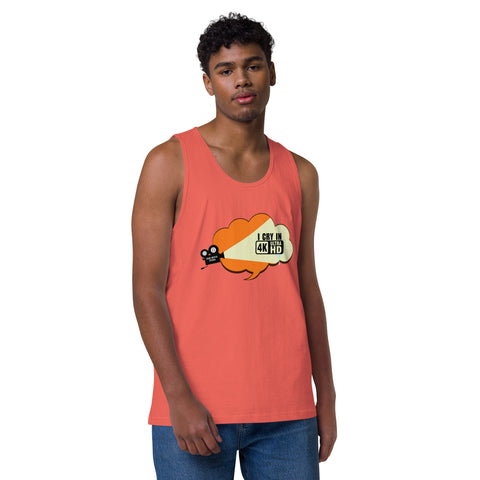 Coral product with 'I Cry In 4K Men‚Äö√Ñ√∂‚àö√ë‚àö¬•s Tank Top' design — for soft rebellion and everyday emotional expression.