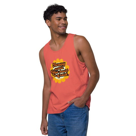 Coral-Left product with 'Therapy Worked, You Should Be Afraid Men‚Äö√Ñ√∂‚àö√ë‚àö¬•s Tank Top' design — for soft rebellion and everyday emotional expression.