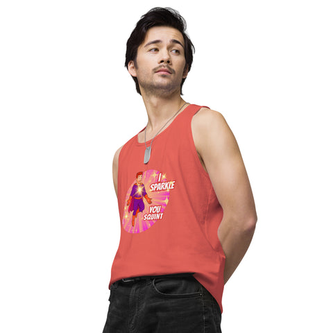 Coral-Left product with 'I Sparkle, You Squint Glow Dude Tank Top' design — Funny therapy gifts.