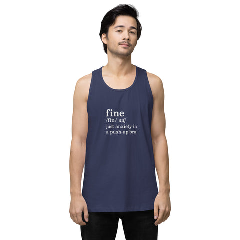 Harbor-Blue product with 'Define Fine Men‚Äö√Ñ√∂‚àö√ë‚àö¬•s Tank Top (White Print)' design — for soft rebellion and everyday emotional expression.