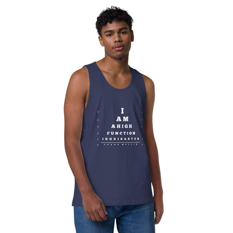 Harbor-Blue product with 'High Functioning Disaster Men‚Äö√Ñ√∂‚àö√ë‚àö¬•s Tank Top (White Print)' design — for soft rebellion and everyday emotional expression.